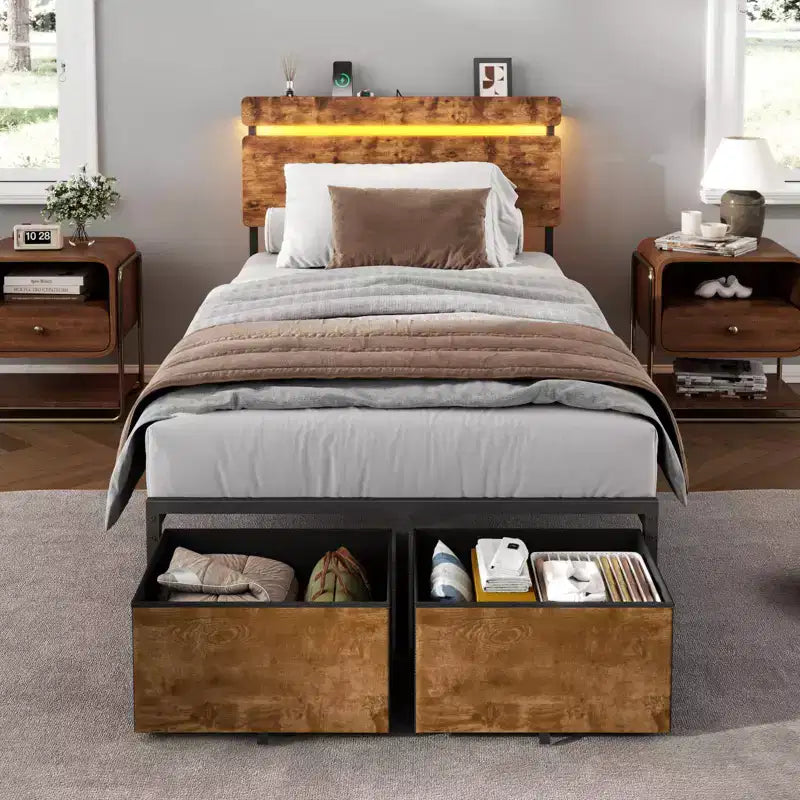 Twin Size Bed Frame with Charging Station LED Lights 2 Storage Drawers Vintage Brown Metal Platform Bed Wood Headboard Shelf No Box Spring Needed