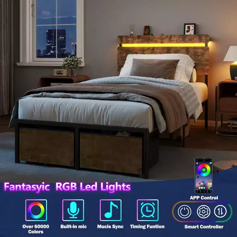Cadre de lit double avec station de charge, lumières LED, 2 tiroirs de rangement, lit plateforme en métal marron vintage, étagère de tête de lit en bois, pas besoin de sommier tapissier