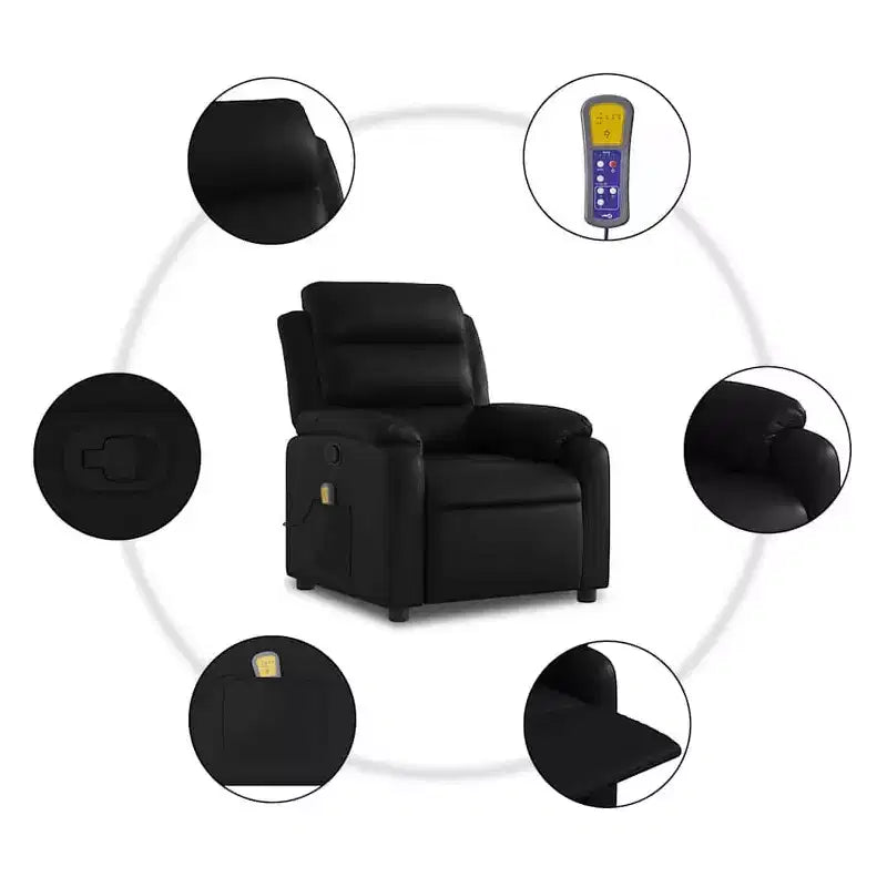 Fauteuil inclinable de massage réglable en similicuir noir – Inclinaison manuelle par poussée du dossier