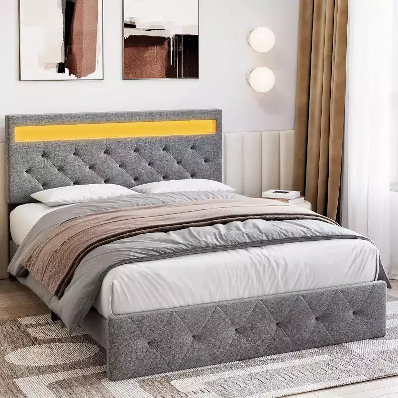 Grey Queen Upholstered Platform Bed with Modern Headboard, Ambient Headboard Design, No Box Spring Needed, Easy Assembly Sleek Neutral Bedroom Upgrade