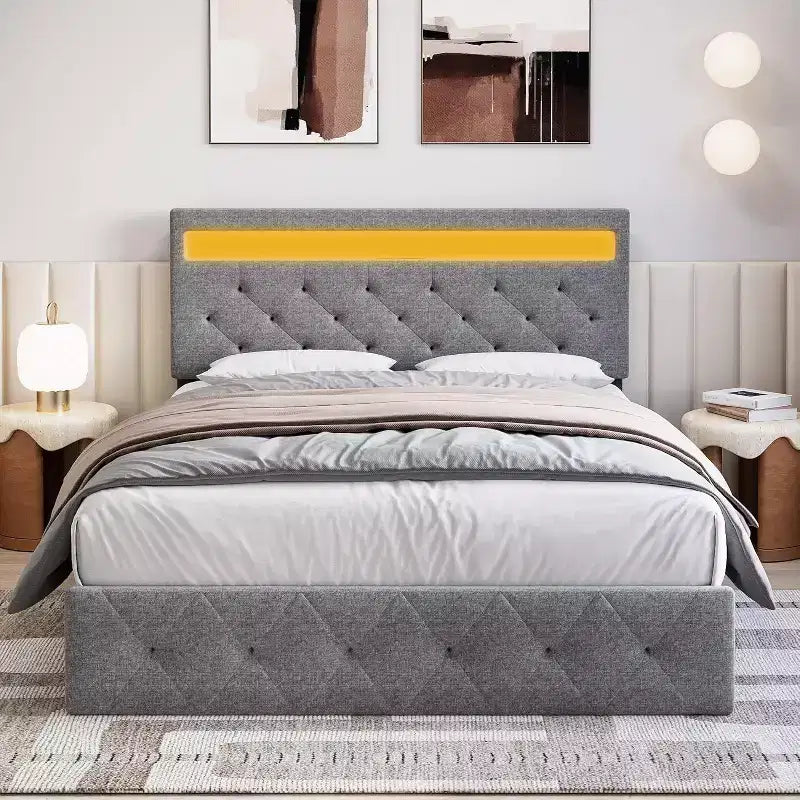 Lit plateforme capitonné Queen gris avec tête de lit moderne, design de tête de lit ambiant, aucun sommier tapissier requis, assemblage facile, amélioration élégante et neutre de la chambre à coucher