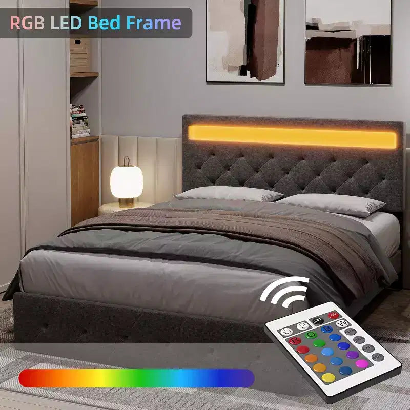 Lit plateforme capitonné Queen gris avec tête de lit moderne, design de tête de lit ambiant, aucun sommier tapissier requis, assemblage facile, amélioration élégante et neutre de la chambre à coucher