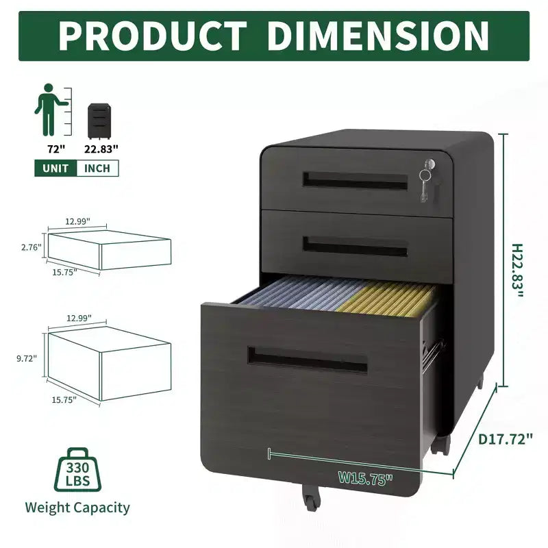 Meuble Classeur Mobile avec Serrure - Entièrement en Acier, Entièrement Assemblé, Conception Anti-Basculement et Roulettes Verrouillables, Compatible A4/Lettre, pour Maison/Bureau (Noir)