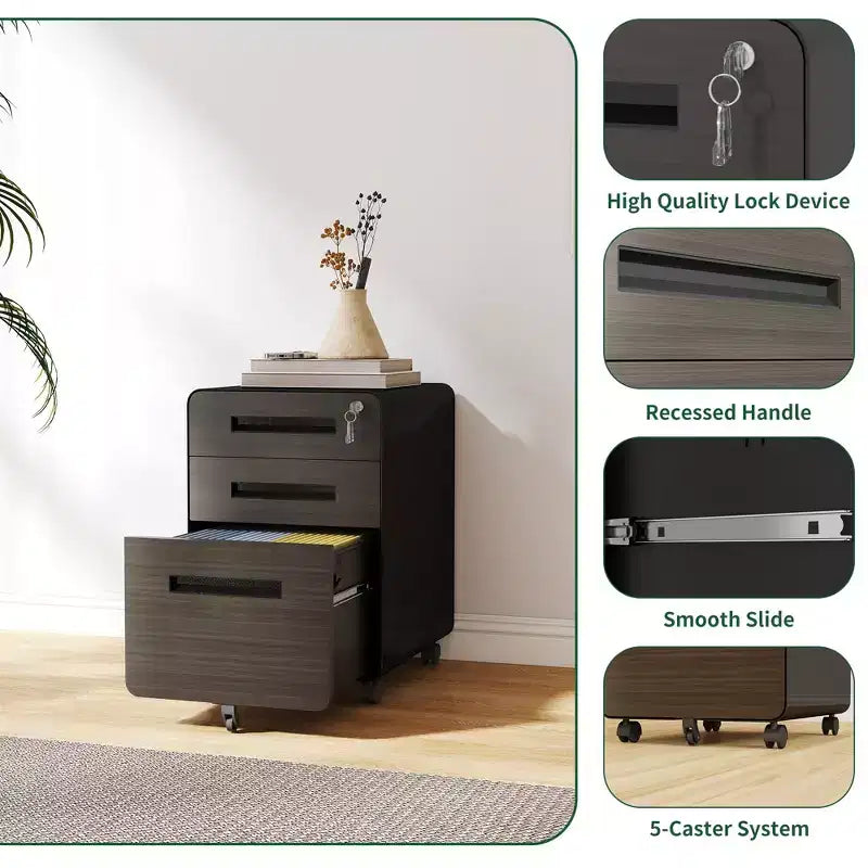Meuble Classeur Mobile avec Serrure - Entièrement en Acier, Entièrement Assemblé, Conception Anti-Basculement et Roulettes Verrouillables, Compatible A4/Lettre, pour Maison/Bureau (Noir)