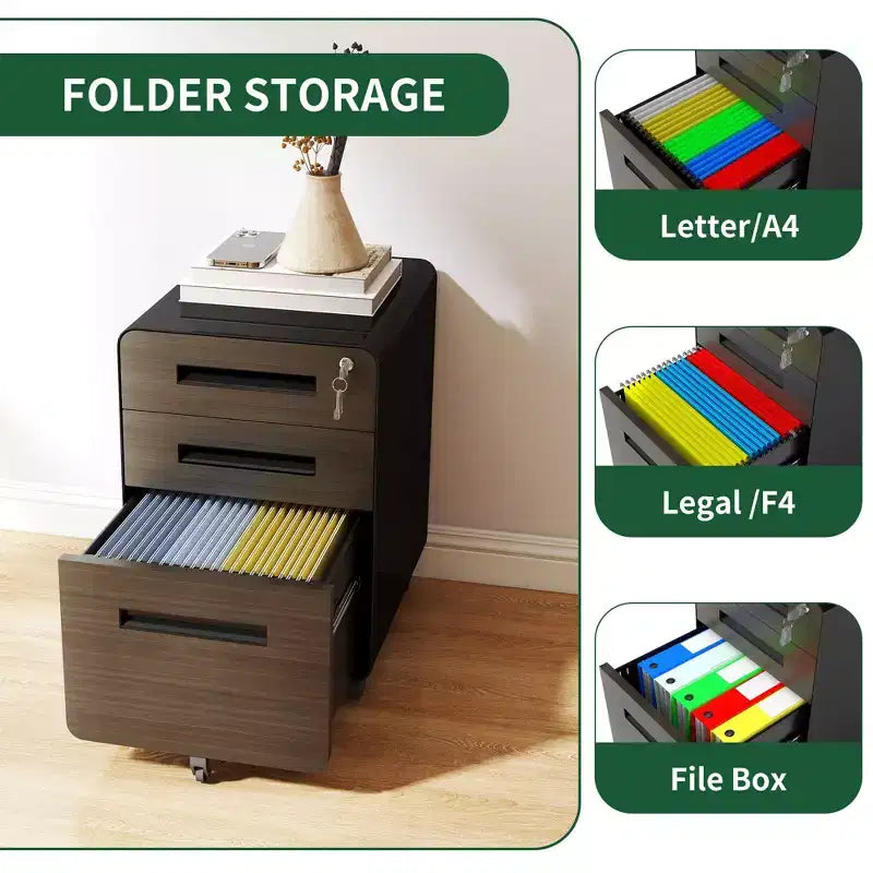 Meuble Classeur Mobile avec Serrure - Entièrement en Acier, Entièrement Assemblé, Conception Anti-Basculement et Roulettes Verrouillables, Compatible A4/Lettre, pour Maison/Bureau (Noir)