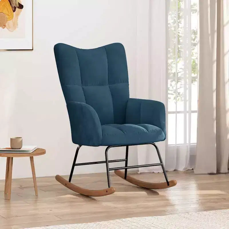 Fauteuil à bascule d'appoint avec siège rembourré en velours bleu pour le salon - Sans repose-pieds