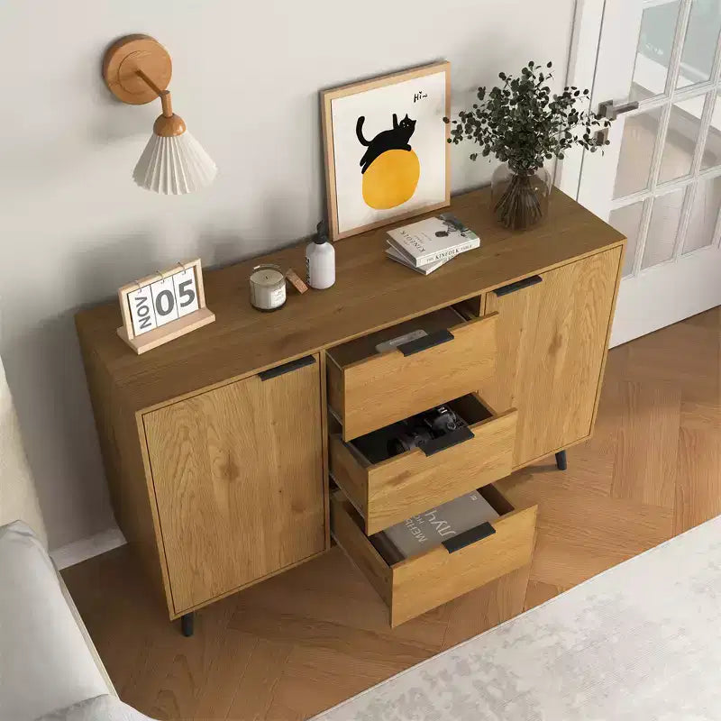 Buffet de salle à manger avec rangement, meuble de bar à café en bois, meuble console avec 3 tiroirs et 1 porte, buffet de cuisine naturel