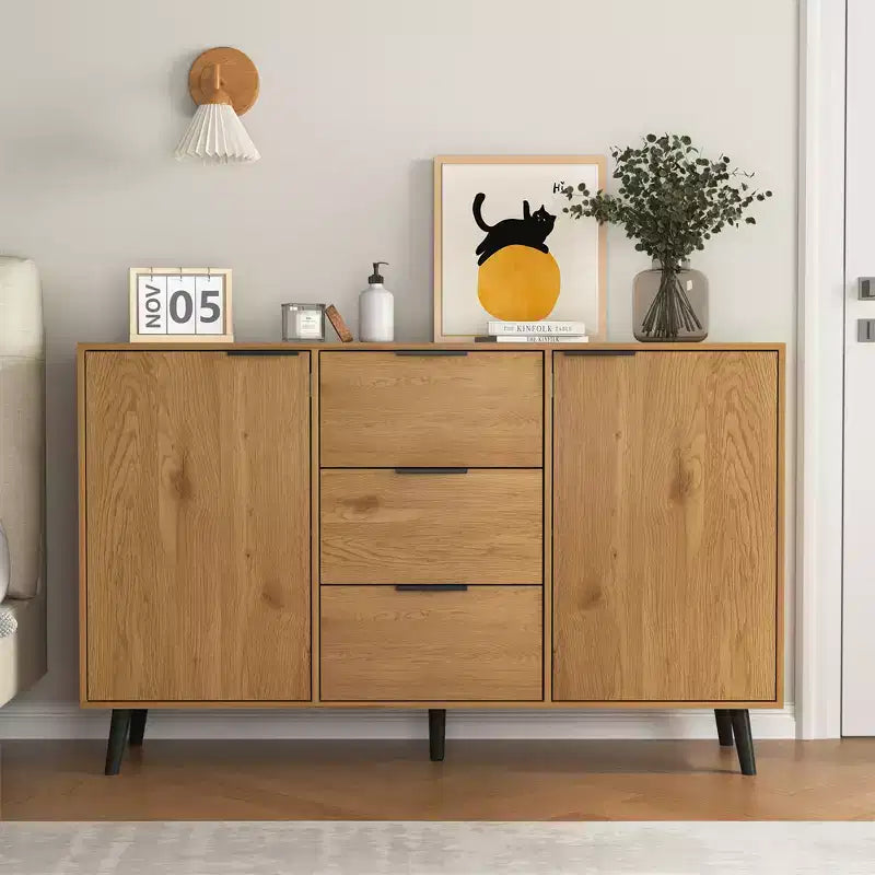 Buffet de salle à manger avec rangement, meuble de bar à café en bois, meuble console avec 3 tiroirs et 1 porte, buffet de cuisine naturel