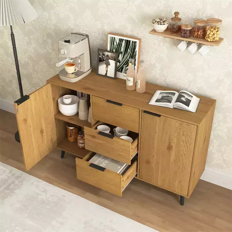 Buffet de salle à manger avec rangement, meuble de bar à café en bois, meuble console avec 3 tiroirs et 1 porte, buffet de cuisine naturel