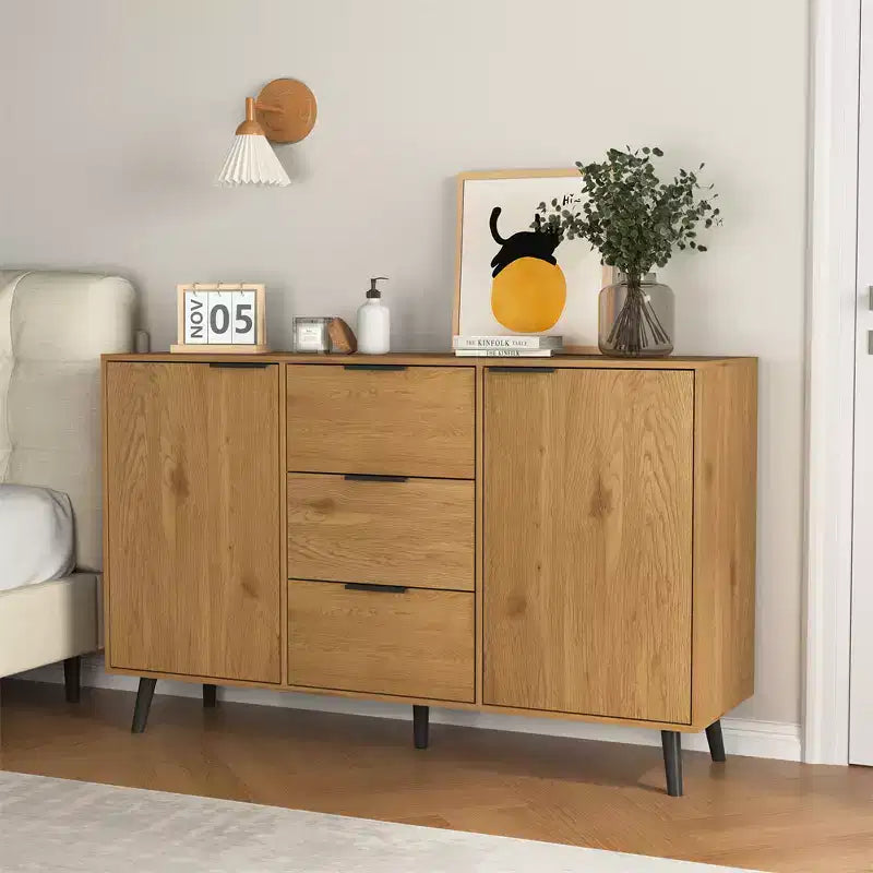 Buffet de salle à manger avec rangement, meuble de bar à café en bois, meuble console avec 3 tiroirs et 1 porte, buffet de cuisine naturel