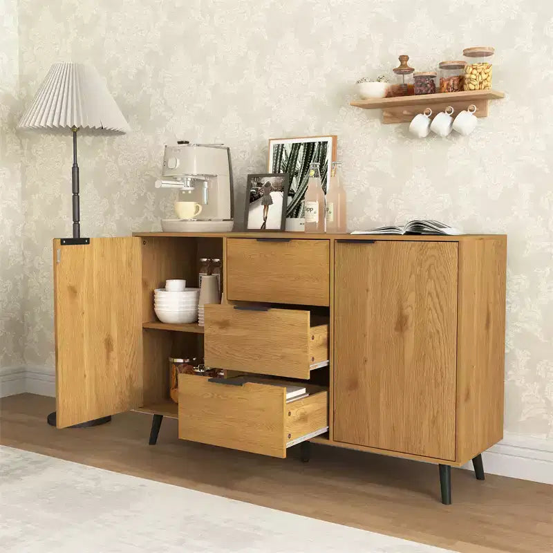 Buffet de salle à manger avec rangement, meuble de bar à café en bois, meuble console avec 3 tiroirs et 1 porte, buffet de cuisine naturel