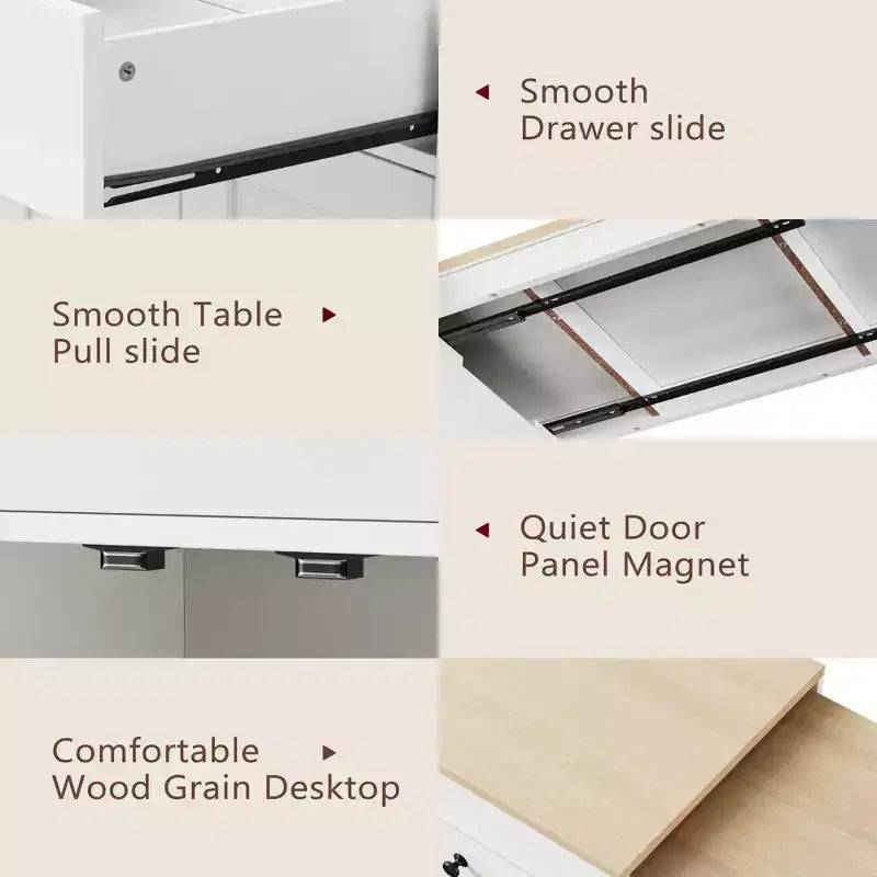 Îlot de cuisine mobile de 188 cm avec roulettes et table à manger extensible, comprenant un porte-épices et 2 tiroirs, convient pour la cuisine, blanc