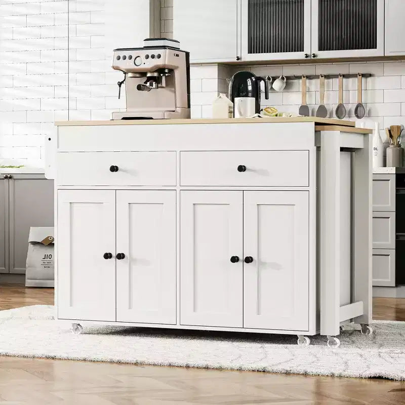 Îlot de cuisine mobile de 188 cm avec roulettes et table à manger extensible, comprenant un porte-épices et 2 tiroirs, convient pour la cuisine, blanc