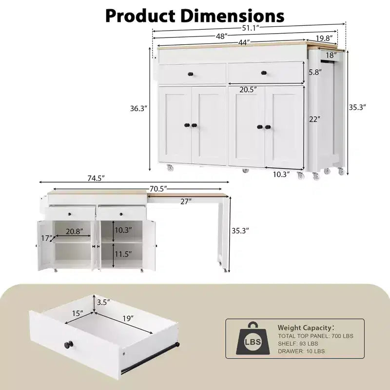 Îlot de cuisine mobile de 188 cm avec roulettes et table à manger extensible, comprenant un porte-épices et 2 tiroirs, convient pour la cuisine, blanc
