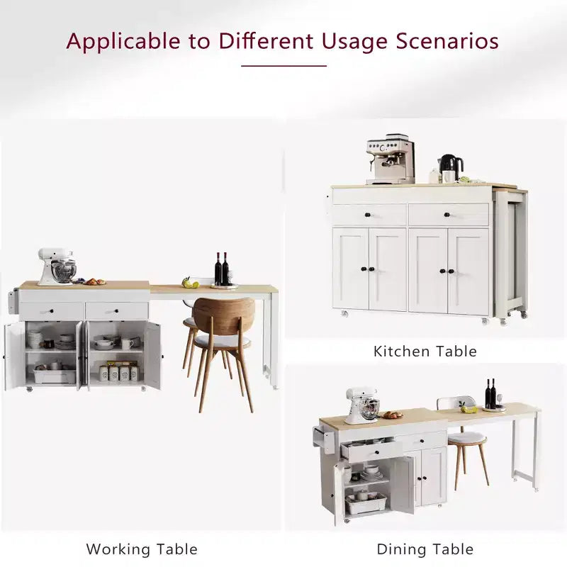 Îlot de cuisine mobile de 188 cm avec roulettes et table à manger extensible, comprenant un porte-épices et 2 tiroirs, convient pour la cuisine, blanc