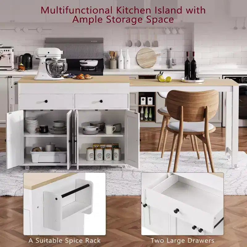 Îlot de cuisine mobile de 188 cm avec roulettes et table à manger extensible, comprenant un porte-épices et 2 tiroirs, convient pour la cuisine, blanc