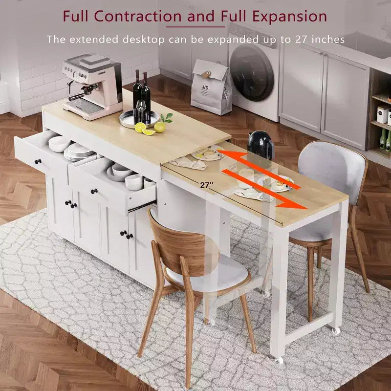 Îlot de cuisine mobile de 188 cm avec roulettes et table à manger extensible, comprenant un porte-épices et 2 tiroirs, convient pour la cuisine, blanc