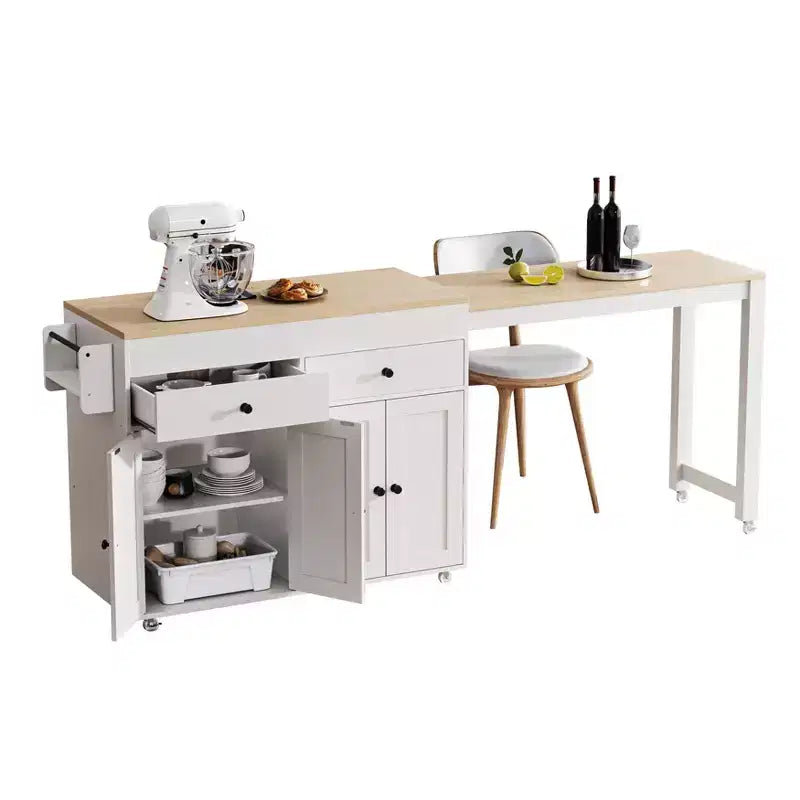 Îlot de cuisine mobile de 188 cm avec roulettes et table à manger extensible, comprenant un porte-épices et 2 tiroirs, convient pour la cuisine, blanc