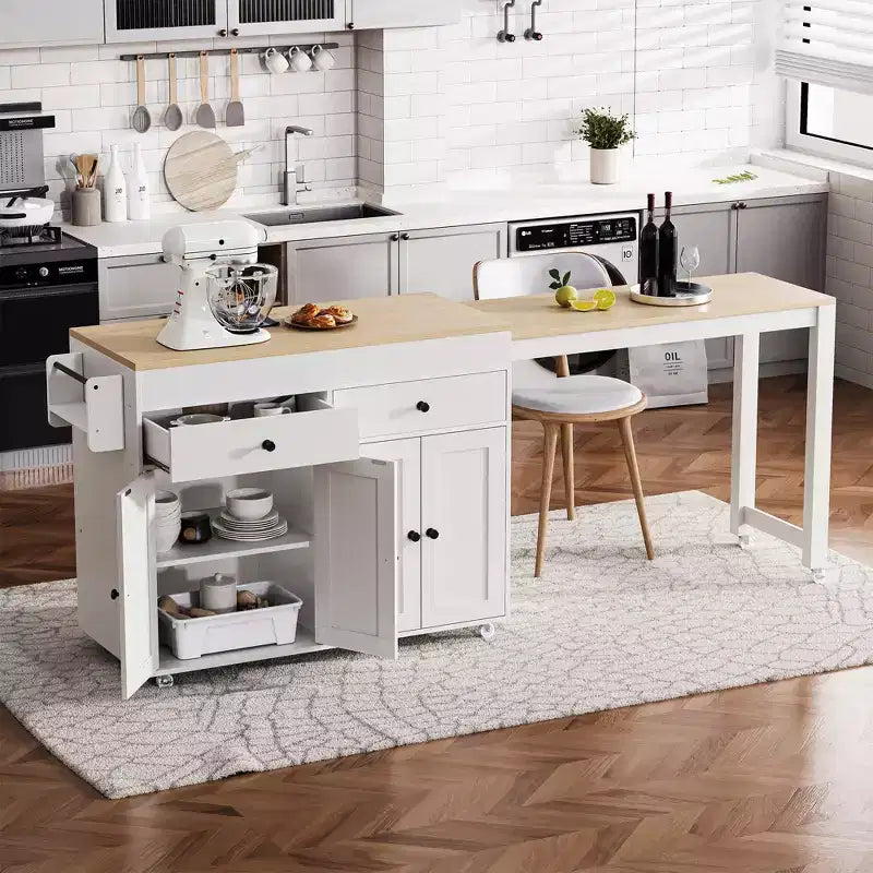 Îlot de cuisine mobile de 188 cm avec roulettes et table à manger extensible, comprenant un porte-épices et 2 tiroirs, convient pour la cuisine, blanc