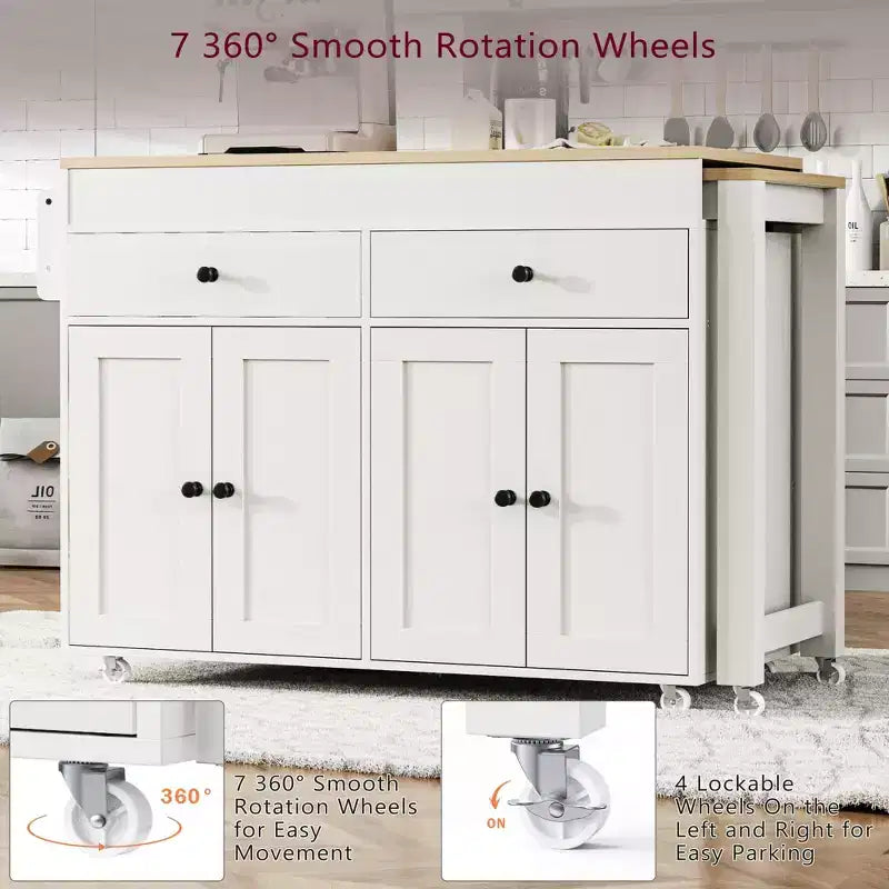 Îlot de cuisine mobile de 188 cm avec roulettes et table à manger extensible, comprenant un porte-épices et 2 tiroirs, convient pour la cuisine, blanc