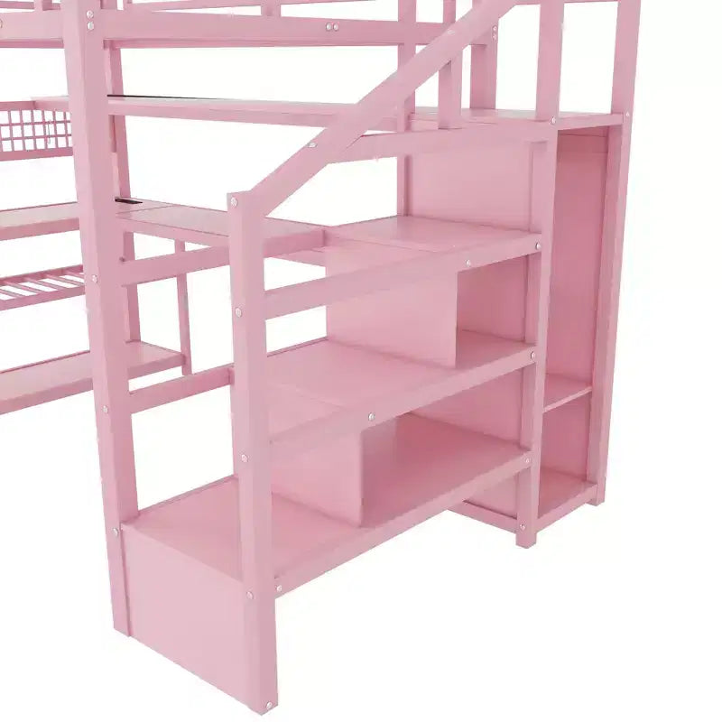 Lit mezzanine grand format avec escalier de rangement et armoire, lit mezzanine en métal avec bureau, étagères de rangement, station de charge, lumières LED pour adolescents et adultes