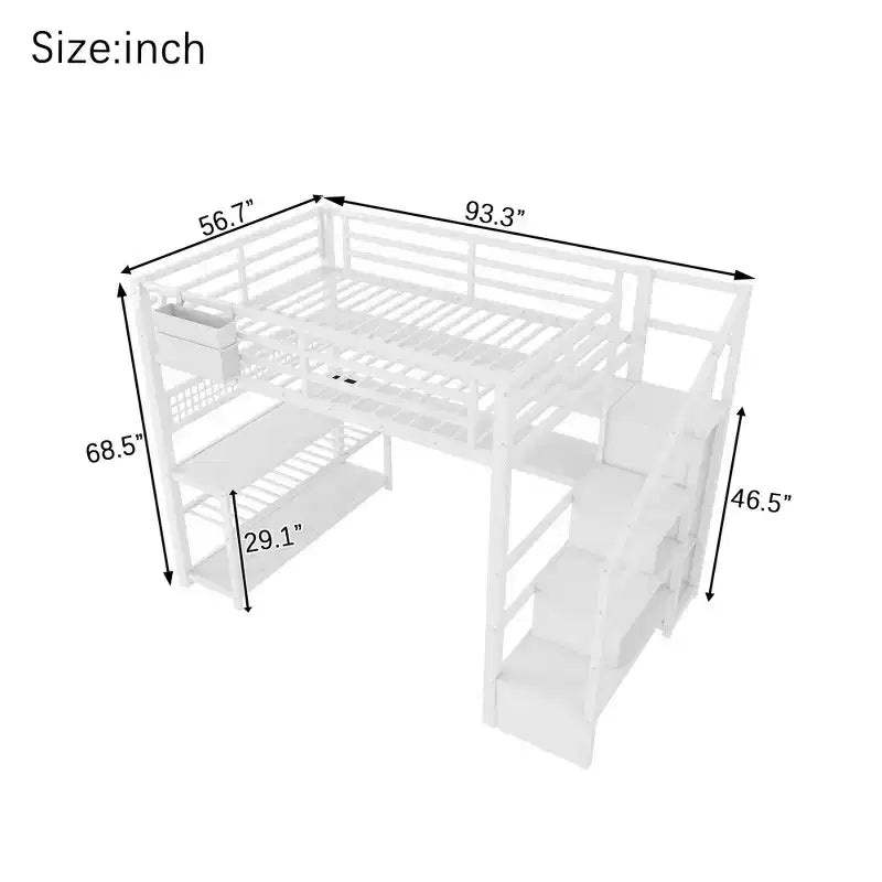 Lit mezzanine grand format avec escalier de rangement et armoire, lit mezzanine en métal avec bureau, étagères de rangement, station de charge, lumières LED pour adolescents et adultes