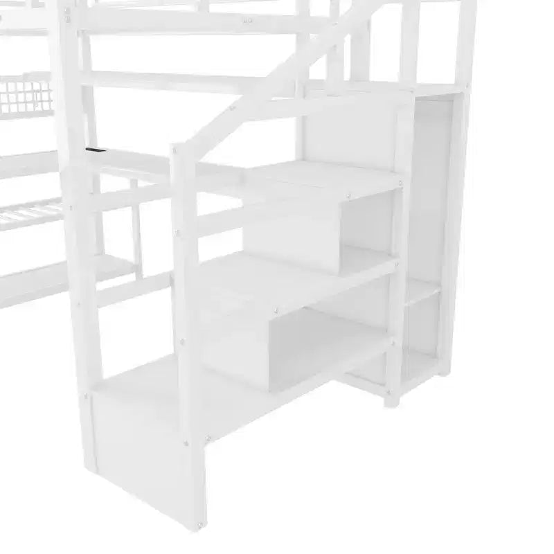 Lit mezzanine grand format avec escalier de rangement et armoire, lit mezzanine en métal avec bureau, étagères de rangement, station de charge, lumières LED pour adolescents et adultes