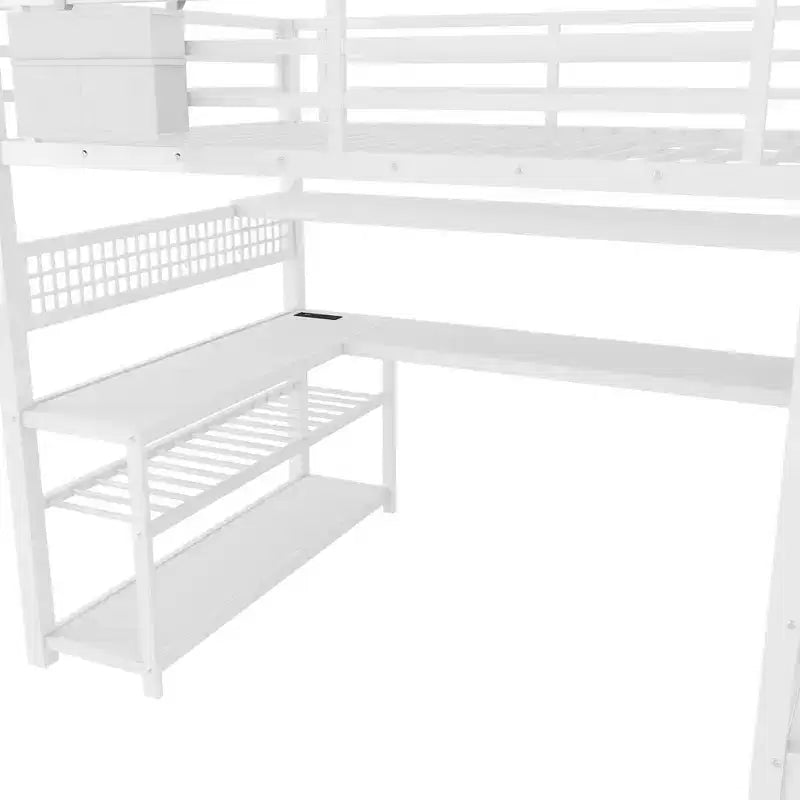 Lit mezzanine grand format avec escalier de rangement et armoire, lit mezzanine en métal avec bureau, étagères de rangement, station de charge, lumières LED pour adolescents et adultes