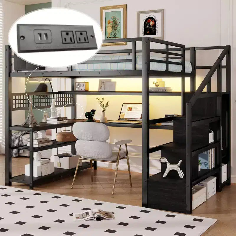 Lit mezzanine grand format avec escalier de rangement et armoire, lit mezzanine en métal avec bureau, étagères de rangement, station de charge, lumières LED pour adolescents et adultes