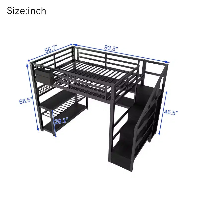 Lit mezzanine grand format avec escalier de rangement et armoire, lit mezzanine en métal avec bureau, étagères de rangement, station de charge, lumières LED pour adolescents et adultes
