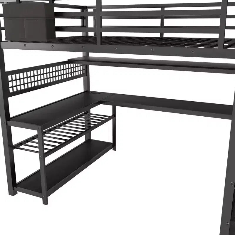 Lit mezzanine grand format avec escalier de rangement et armoire, lit mezzanine en métal avec bureau, étagères de rangement, station de charge, lumières LED pour adolescents et adultes