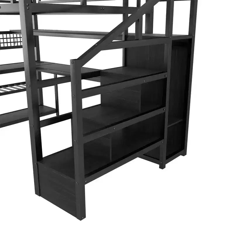 Lit mezzanine grand format avec escalier de rangement et armoire, lit mezzanine en métal avec bureau, étagères de rangement, station de charge, lumières LED pour adolescents et adultes