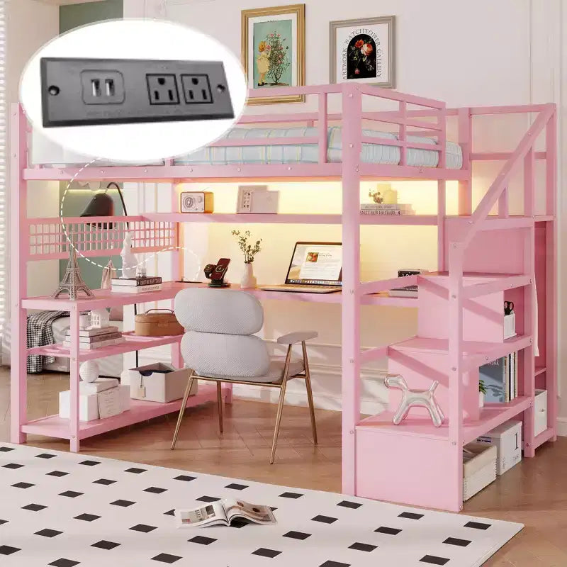 Lit mezzanine grand format avec escalier de rangement et armoire, lit mezzanine en métal avec bureau, étagères de rangement, station de charge, lumières LED pour adolescents et adultes