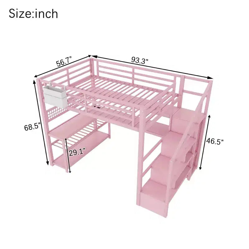 Lit mezzanine grand format avec escalier de rangement et armoire, lit mezzanine en métal avec bureau, étagères de rangement, station de charge, lumières LED pour adolescents et adultes