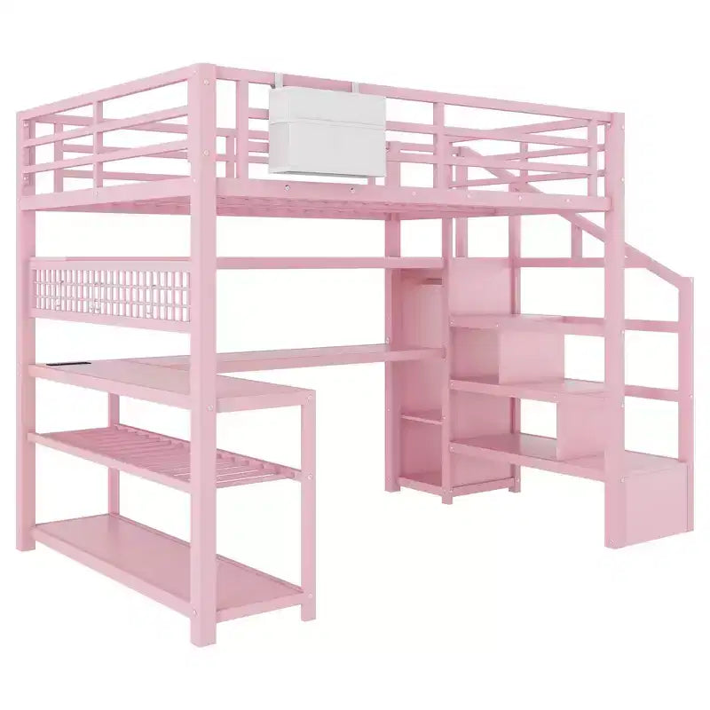 Lit mezzanine grand format avec escalier de rangement et armoire, lit mezzanine en métal avec bureau, étagères de rangement, station de charge, lumières LED pour adolescents et adultes