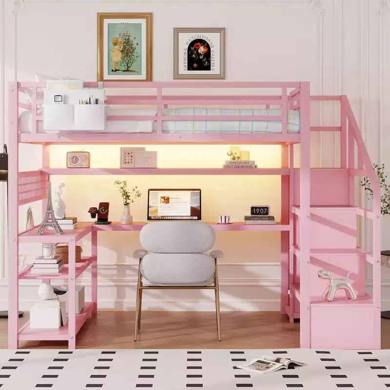 Lit mezzanine grand format avec escalier de rangement et armoire, lit mezzanine en métal avec bureau, étagères de rangement, station de charge, lumières LED pour adolescents et adultes