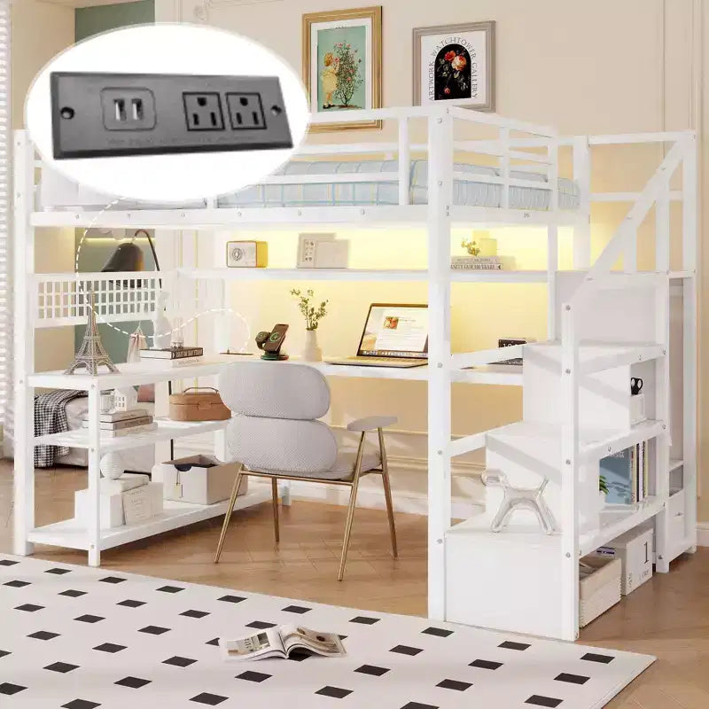 Lit mezzanine grand format avec escalier de rangement et armoire, lit mezzanine en métal avec bureau, étagères de rangement, station de charge, lumières LED pour adolescents et adultes