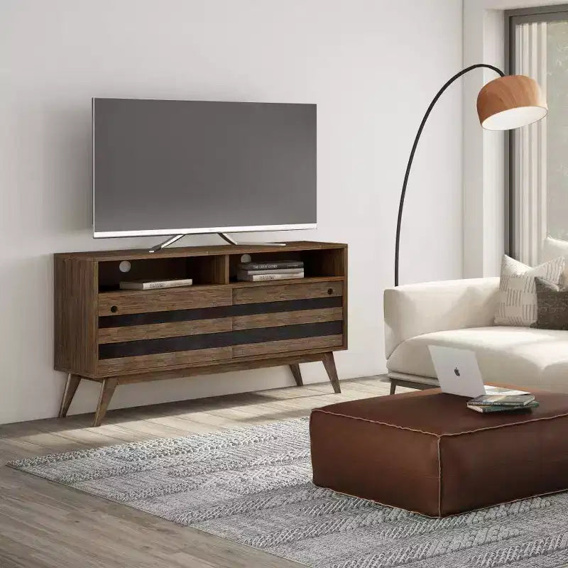 Meuble TV pour téléviseurs jusqu'à 60 po, en bois d'acacia vieilli rustique naturel, gestion des câbles, étagères réglables
