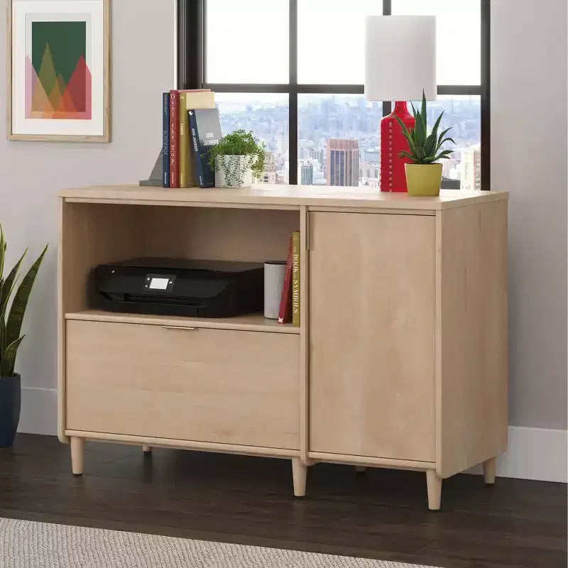 Meuble TV/multimédia de bureau en érable naturel avec étagère réglable et rangement pour dossiers