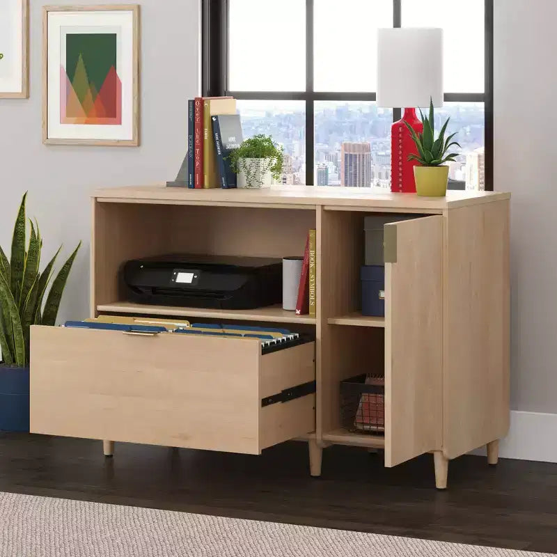 Meuble TV/multimédia de bureau en érable naturel avec étagère réglable et rangement pour dossiers