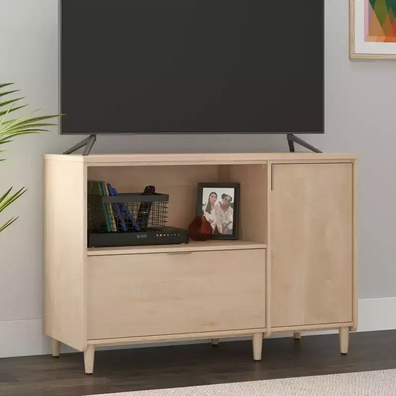 Meuble TV/multimédia de bureau en érable naturel avec étagère réglable et rangement pour dossiers