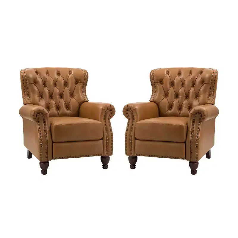 Set of 2 Justine Transitiona Wooden Upholstery Genuine Leather Recliner with Nailhead Trim for Living Room and Bedroom| ART OF LIVING DESIGNS