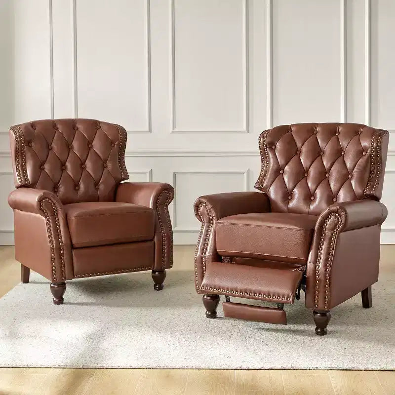 Ensemble de 2 fauteuils inclinables en bois et cuir véritable avec clous décoratifs pour salon et chambre