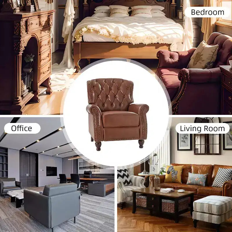 Ensemble de 2 fauteuils inclinables en bois et cuir véritable avec clous décoratifs pour salon et chambre