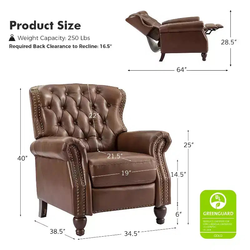 Ensemble de 2 fauteuils inclinables en bois et cuir véritable avec clous décoratifs pour salon et chambre
