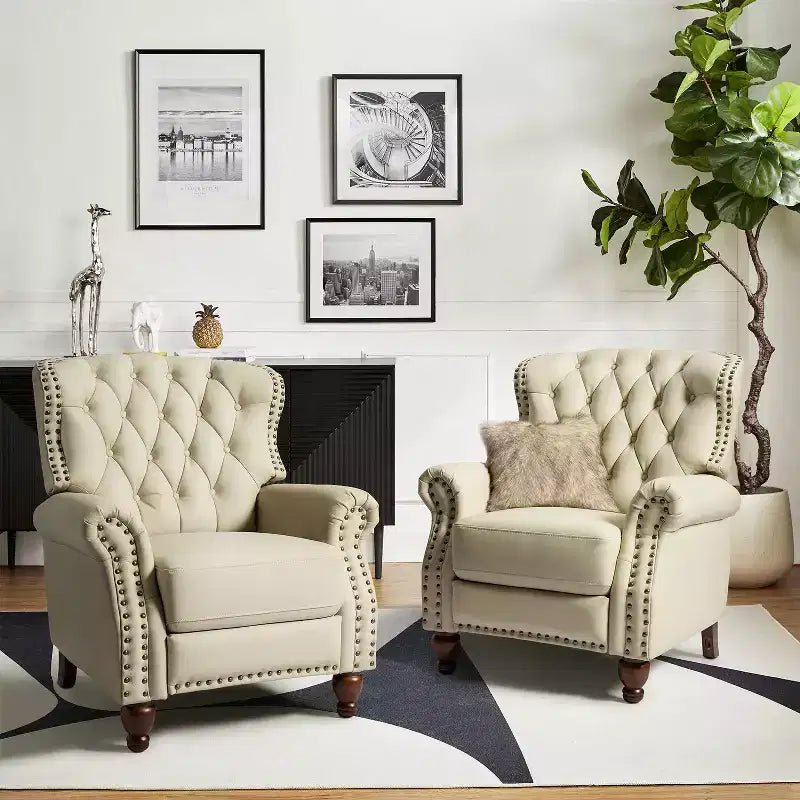 Ensemble de 2 fauteuils inclinables en bois et cuir véritable avec clous décoratifs pour salon et chambre