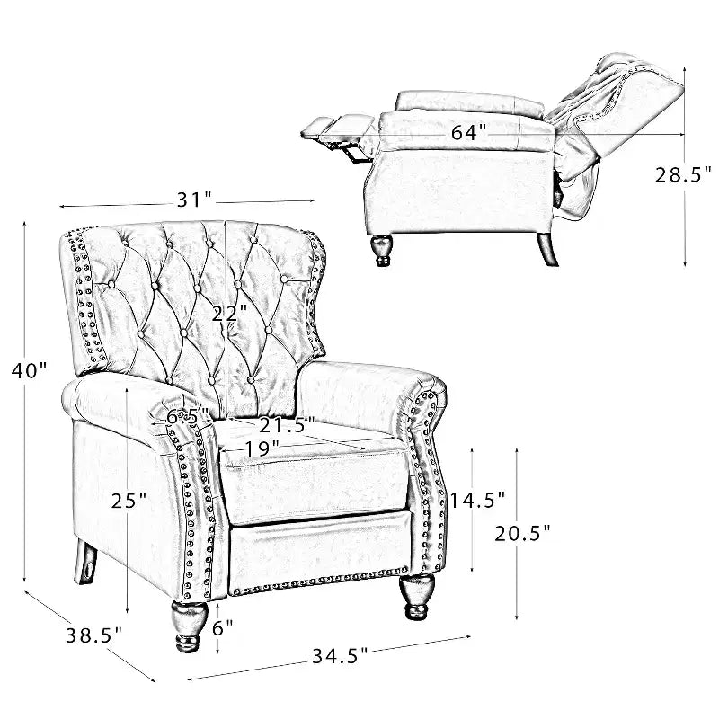 Ensemble de 2 fauteuils inclinables en bois et cuir véritable avec clous décoratifs pour salon et chambre