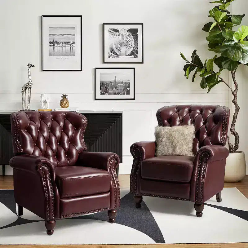 Ensemble de 2 fauteuils inclinables en bois et cuir véritable avec clous décoratifs pour salon et chambre