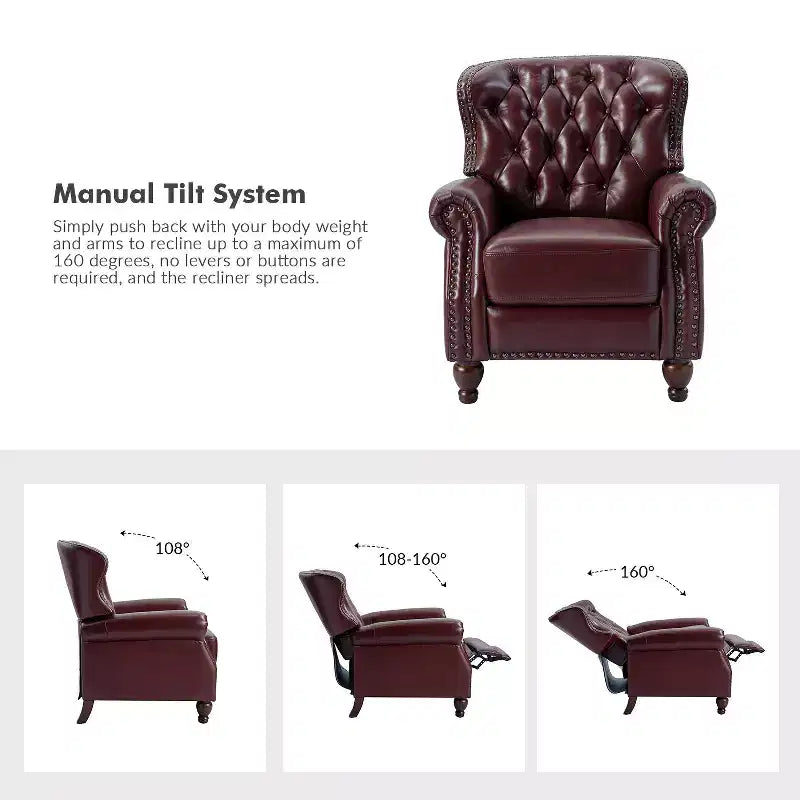 Ensemble de 2 fauteuils inclinables en bois et cuir véritable avec clous décoratifs pour salon et chambre