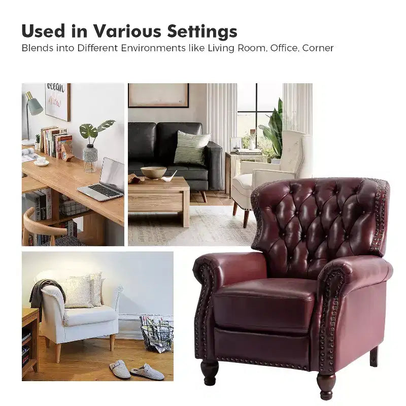 Ensemble de 2 fauteuils inclinables en bois et cuir véritable avec clous décoratifs pour salon et chambre